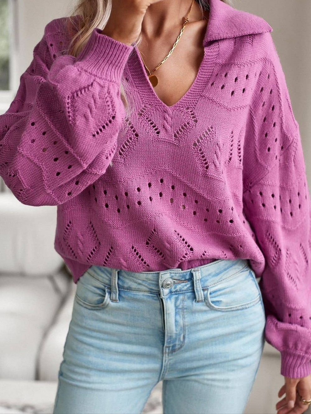 POL Women’s Fuchsia Pointelle V-Neck Sweater with Collar Size L